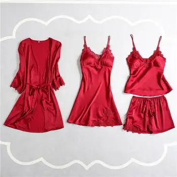 

Ladies Deep V Simulation Silk Lace Pajamas with Chest Pad Sexy Sling Shorts Pajamas Four Piece Set
