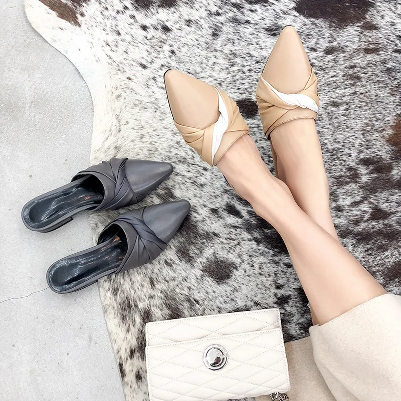 

2019 Spring New Style Women's Closed-toe Gray Bow Pointed-Toe Semi-high Heeled Fashion Outer Wear Slipper Online Celebrity Loafe