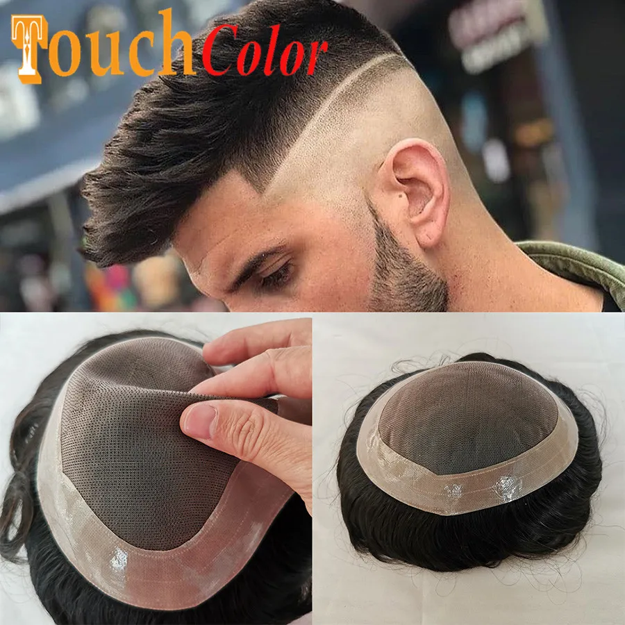 Unidad de sistema de reemplazo de cabello para hombre tupé de cabello humano de Pu y Mono, peluca para hombre, color táctil