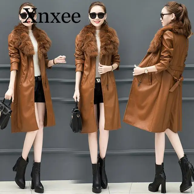 Женская кожаная куртка на зиму, коричневое бархатное теплое облегающее длинное кожаное пальто с большим меховым воротником, женская верхняя одежда 4XL