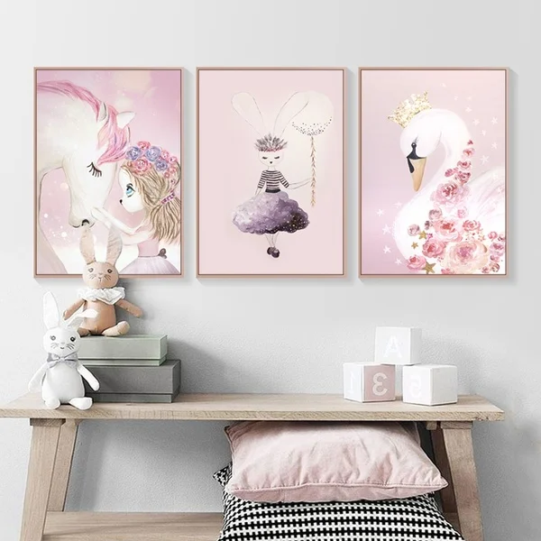 Cute Girls Room Decor Canvas Painting Unframed Cartoon Wall Art Home Rabbit Girl Swan Unicorn Animal Printed Pictures Kids | Дом и сад