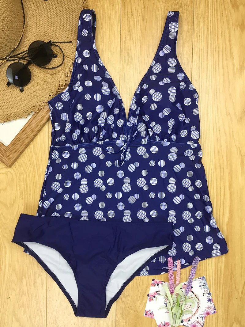 Женский купальник в горошек с v образным вырезом Раздельный Танкини размера плюс