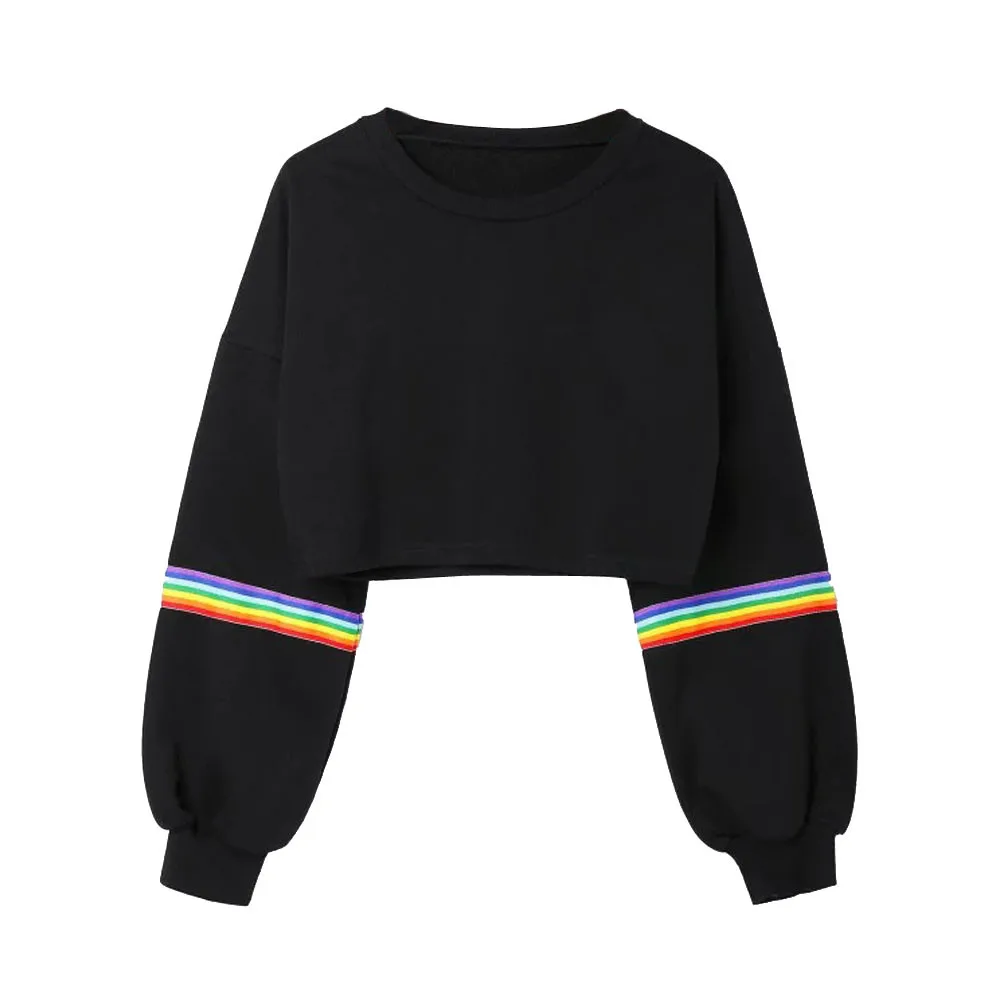 Женский короткий свитер в полоску с длинным рукавом в радужную полоску, джемпер, черный пуловер, топ Sudadera Corta