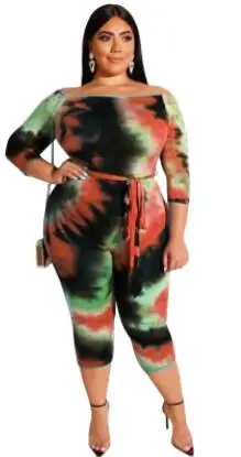 Облегающие комбинезоны до колена размера плюс с принтом Tie Dye, уличная одежда, женские комбинезоны с длинным рукавом и поясом SS19418G - Цвет: Оранжевый