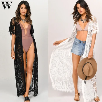 

swimsuit Women summer Sexy Short Sleeve Hollow Out See Through Lace Up Tassel Beach Bathing Holiday Bikini Cover Ups Cardigan P0