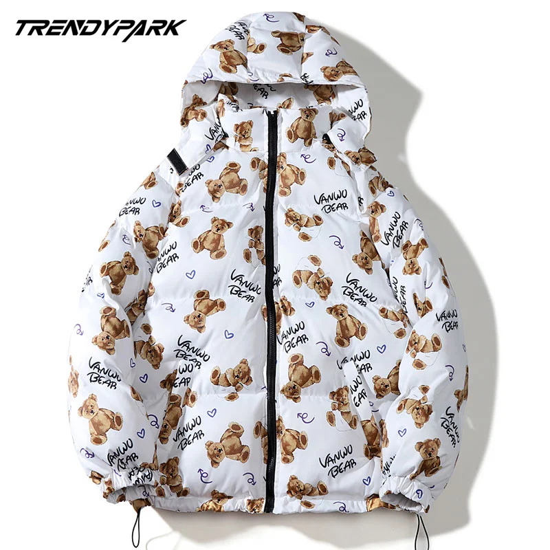 

2020 Winter Warm Jacket Parka Bears Print Streetwear Windbreaker Harajuku Padded Zipper Hooded Jacket Coat Outwear Men Clothing