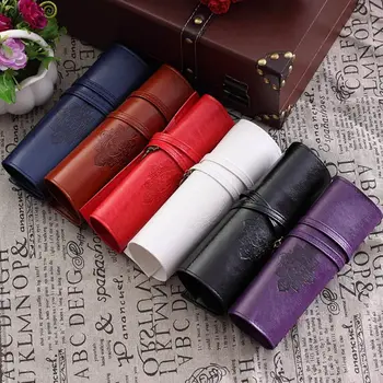 

Women Vintage Cosmetic Bag Kit Pens Makeup Brushes Bag PU Leather Travel Make Up Bag School Student Office Supply