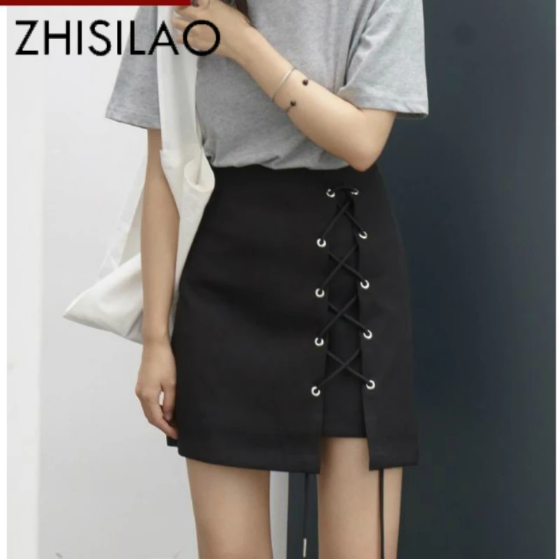 

Bandage A-line Skirt High Waist Solid Black Skirt Women Elegant Spring Autumn 2019 Mini Skirts Mujer Cotton Plus size Vintage