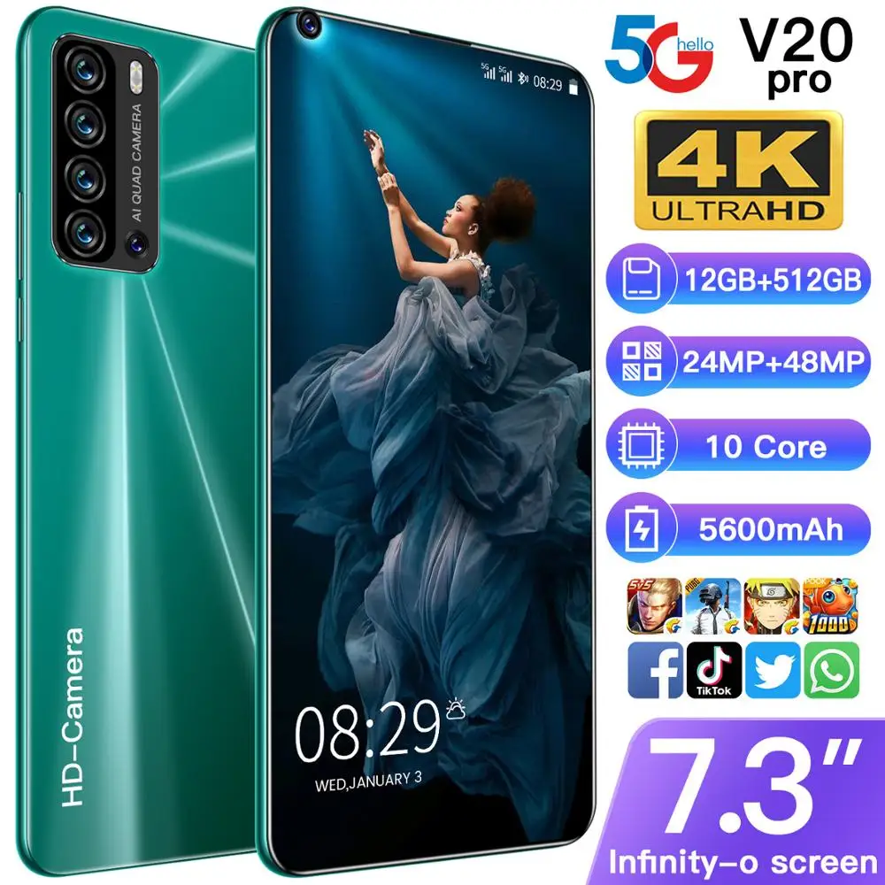 New Smartphones 7.3inch V20 Pro 12G 512G 48MP Type-C Plug Face Unlocking Wifi GPS 4G 5G LTE CellPhone Global Version 5600mAh