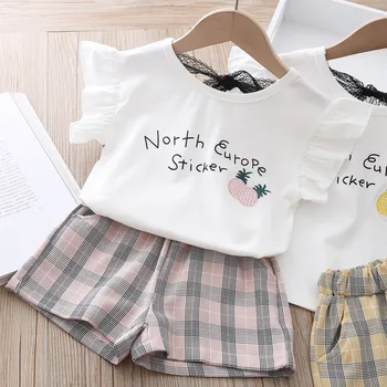

Thunderers Summer Baby Girls Clothes Letter Flying Sleeve T-shirt + Plaid Stripe Shorts 2pcs Pineapple Embroidery Girls Clothing
