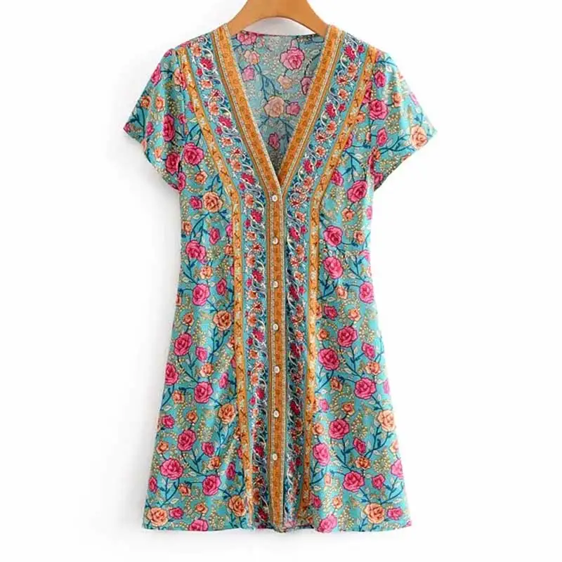 Богемный Вдохновленный летний винтажный цветочный принт мини платье женское повседневное с коротким рукавом пляжные платья Femme Vestidos шикарное платье бохо