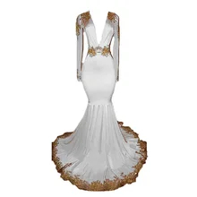 Women's White Long Sleeves Pink Prom Dress Gold Lace Appliques Mermaid Evening Dress Formal Party Dress abendkleider