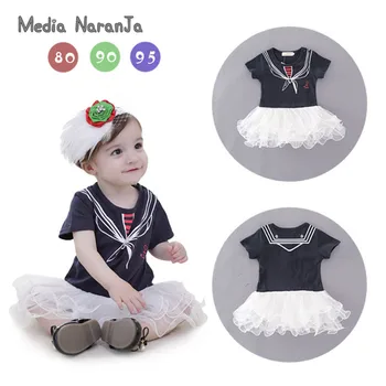 

Baby girl navy cotton outfit toddler summer short sleeve sailor dress bodysuit infant princess birthday party clothing