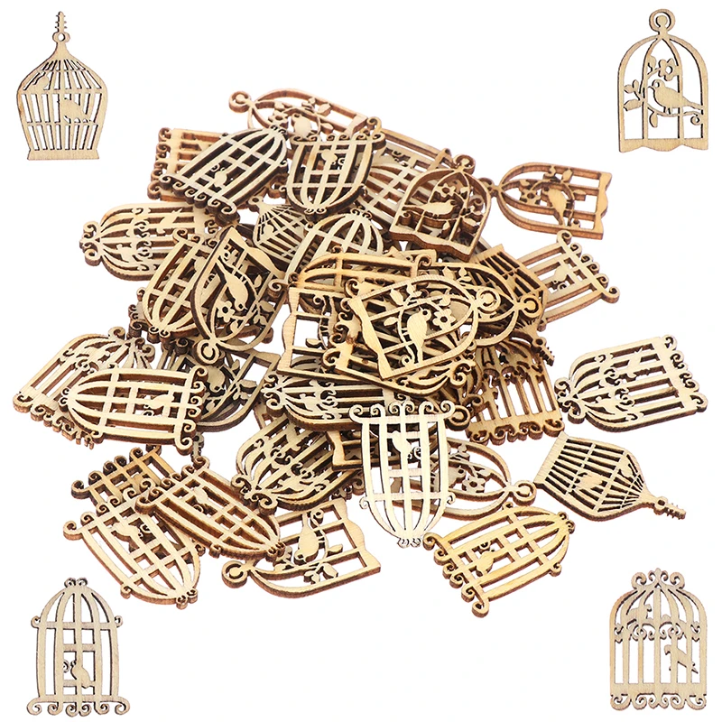 

50pcs Vintage Bird Cage Wood Laser Cut Out Natural Wood Pieces Children Handmade Scrapbooking DIY Party Wedding Decoration