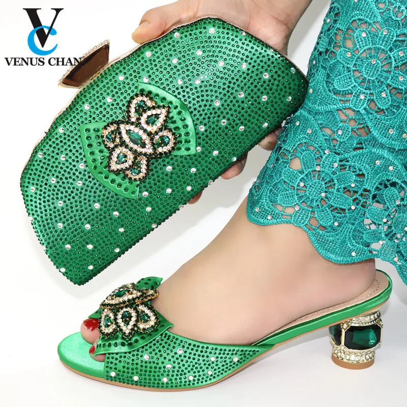 

Green Latest Style Ladies Elegant Slippers With Matching Bag Set High Heels Shoes And Bag Set For Evening Party