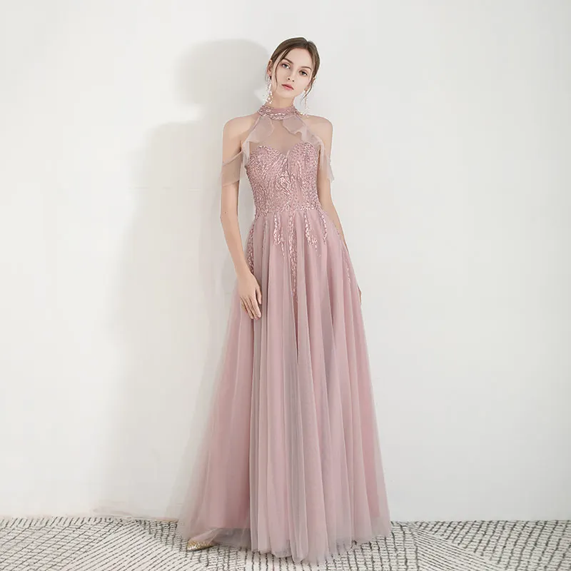 SSYFashion New Sweet Pink Evening Dress Sexy Halter Lace Appliques Floor-length Long Prom Formal Gowns Vestido De Noche - Цвет: Bean Powder