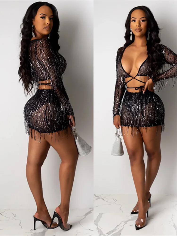 Fall Deep V Neck Lace Up Sexy 2 Piece Sets Women Club Party Outfits Sheer Mesh Tassel Beaded Two Piece Skirt Set (2)