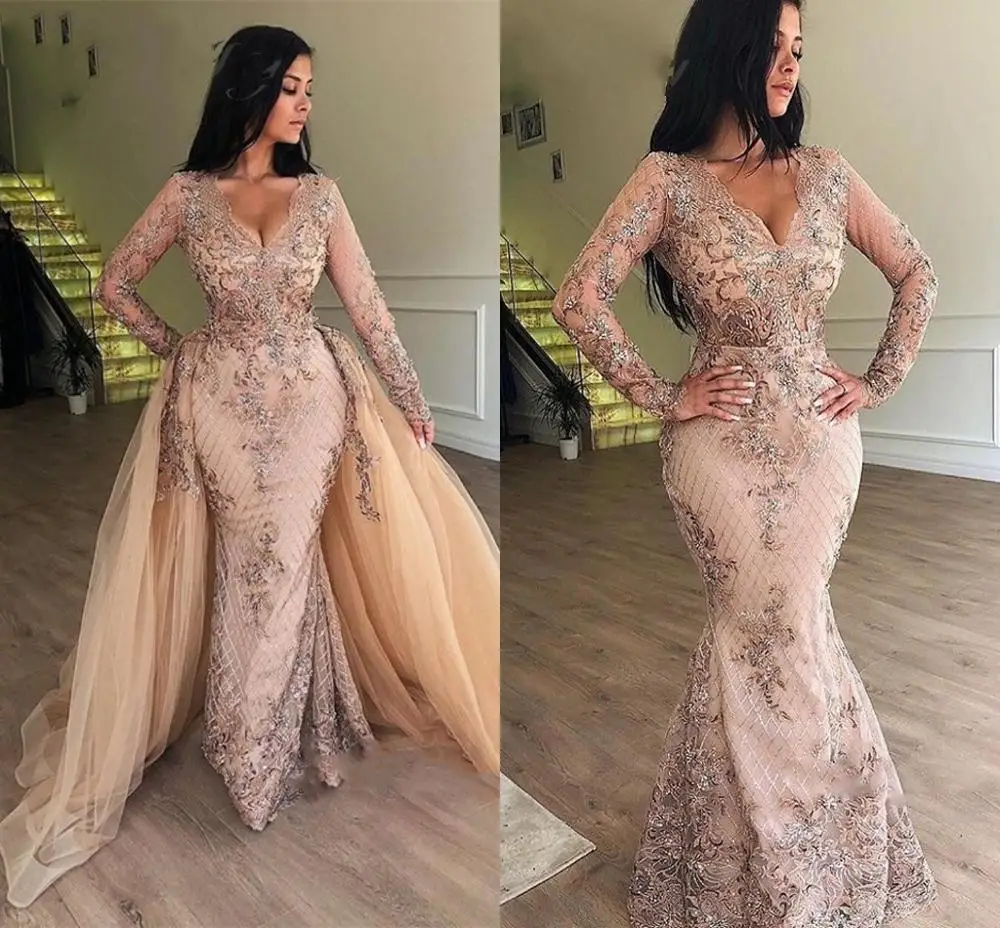 

Champagne Sequin Mermaid Long Sleevs Arabic Evening Dress with Detachable Skirt V-Neck Dubai Women Formal Prom Dresses 2020