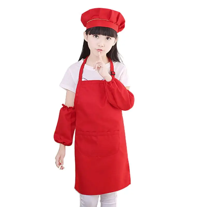 

3Pcs/Set Kids Chef Hat Apron Sleeve Covers Set Boys Girls Adjustable Kitchen Bib with 2 Large Pockets for Cooking Baking Wear