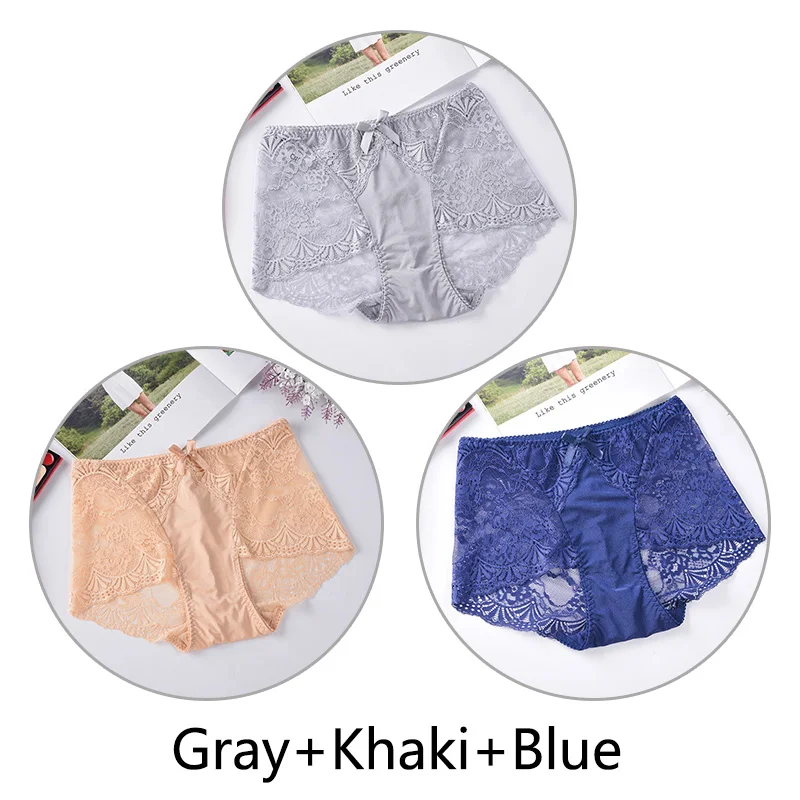 Gray Khaki Blue 3 шт., Трусики с высокой талией, женское нижнее белье, кружевная вышивка, прозрачные бесшовные пикантные трусики, полые, дышащие, размера плюс, нижнее белье - Цвет: Gray Khaki Blue