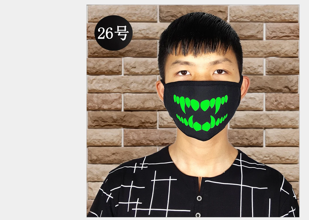 Newly Unisex Fashion Women Men Masks Fluorecent Mask14 Style Mask Cartoon Pattern Print Cotton Black Night glowing Mask