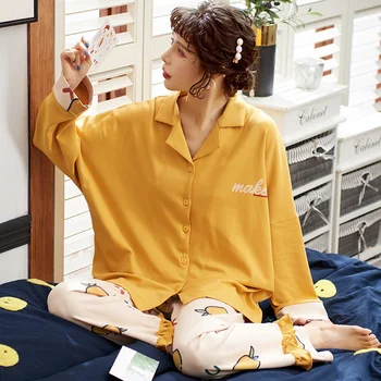 

Lapel Pajamas Women's Spring Autumn Cardigan Long-sleeved Trousers Cartoon Pattern Ladies Homewear Suit Milk Loose Pajamas Sets