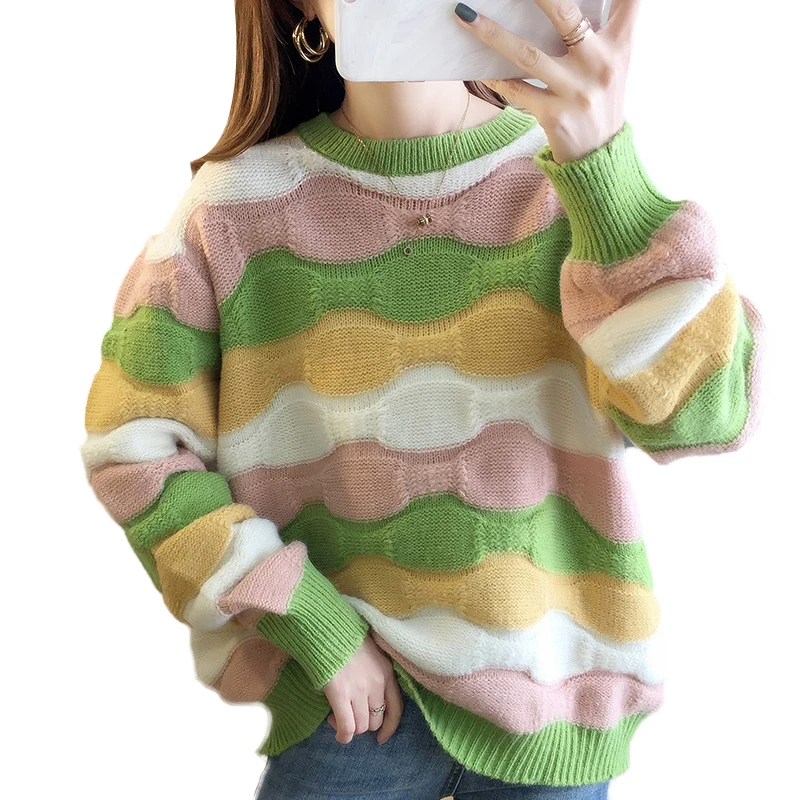 

Autumn Korean Version Loose Sweater Fashion New Color Matching Striped Female Sweater Round Neck Pullover Sweater Women