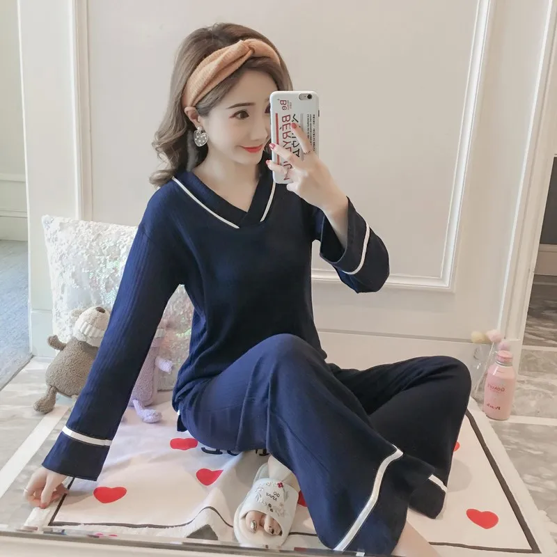 

Pure Cotton Pajamas Women's Autumn V-neck Korean-style Sweet Cute Long Sleeve Two-Piece Set Thin Home Wear-Outer Wear