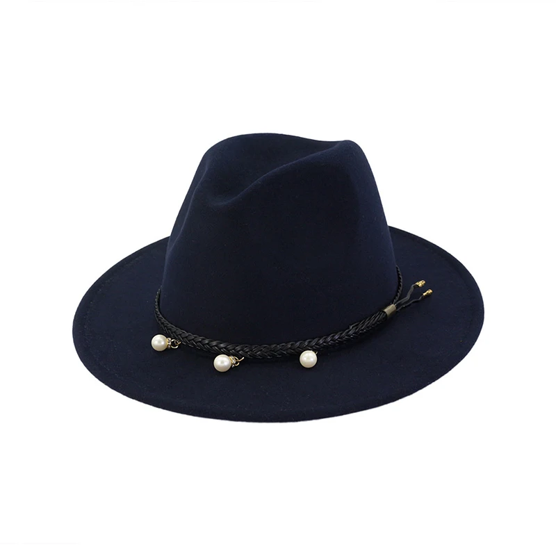 Navy fedora FS Fedora Шляпа женская шерстяная зимняя фетровая Кепка элегантная жемчужная модная розовая черная джазовая шляпа фетровая шляпа - Цвет: Navy fedora