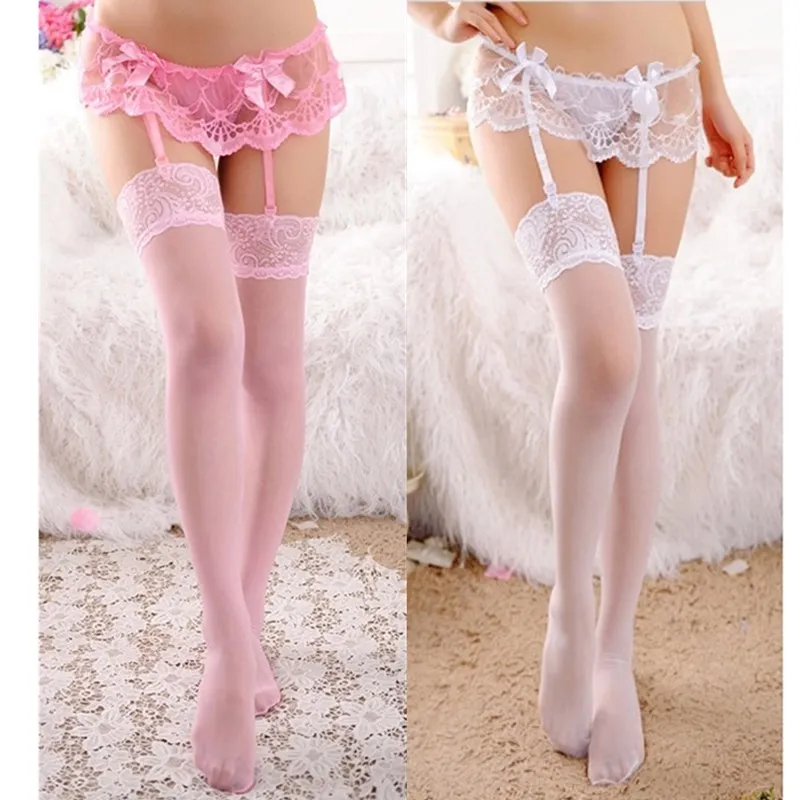 

2021 New Sexy Suspenders Stockings Women Floral Lace Sexy Stockings Temptation Erotic Lace Bowknot Top Thigh High Pantyhose