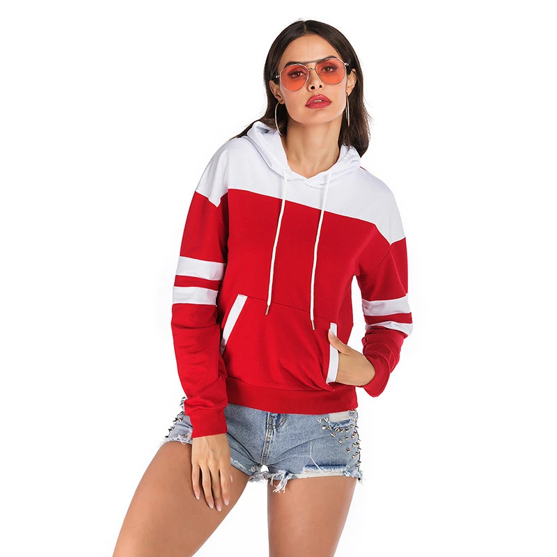 

Fashion Minimalist Style Sweatshirt Women Hooded Full Sleeve Striped Pockets Cotton Warm Pullover Causal Red Ladies Hoodies 2019