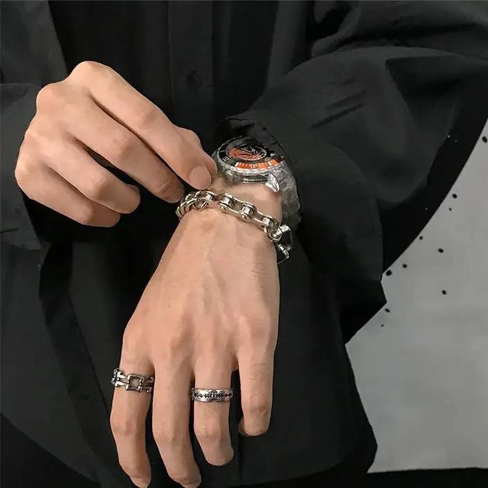 HUANZHI Silver Color Punk Bangle Classic Hip Hop Harajuku Thick Chain Thin Double Pendant Link Round Bracelet For Men Jewelry