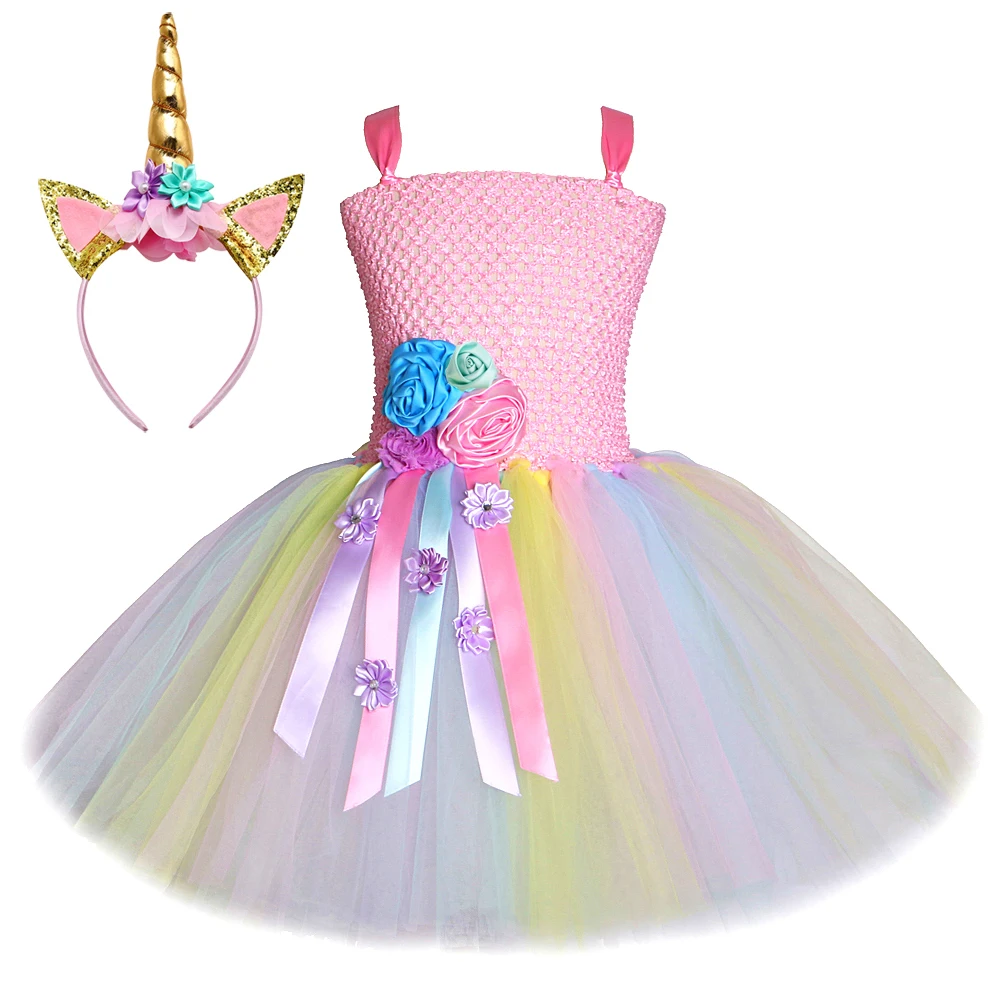

Розовый пастельный платье с цветочным узором для девочек Единорог Платье детская юбка-пачка костюм для Хэллоуина и дня рождения; Праздничное платье принцессы с ободок с рогом