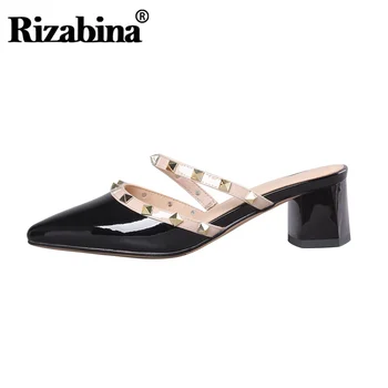 

RizaBina Women Sandals Real Leather High Quality Shoes Pointed Toe Thick Heel Rivets Slippers Slip On Ladies Footwear Size 34-39