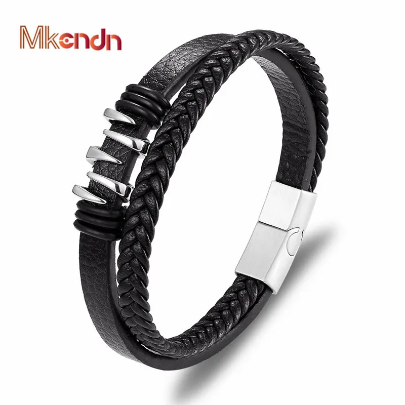 MKENDN, многослойный Плетеный браслет из натуральной кожи, титановый браслет из нержавеющей стали, магнитный браслет для мужчин