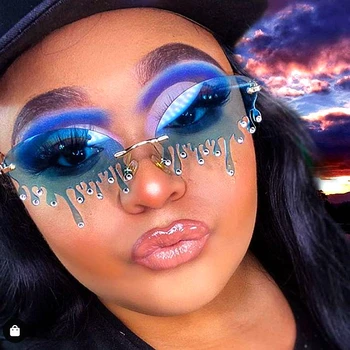 

Luxury Diamond Sunglasses Women Tears Shape Vintage Unique Punk Sun Glasses Rimless Crystal Eyeglasses Female Gafas Shades UV400