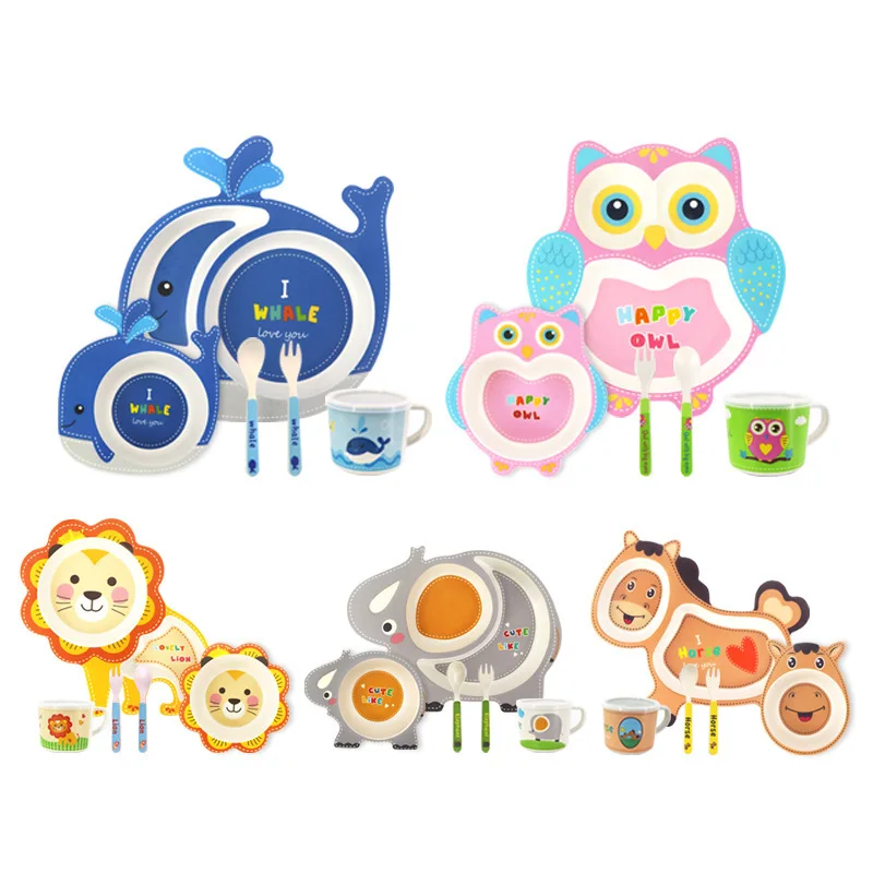 

5pcs Baby Tableware Set Cartoon Children Feeding Dishes Kids Dish Bamboo Fiber Dinnerware Set with Bowl Fork Cup Spoon Plate
