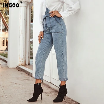 

INGOO Washed High Waist Jeans Women Safari Striaght Light Colour Ankle-Length Pants Fashion Lace Up Pockets Bleached Trousers