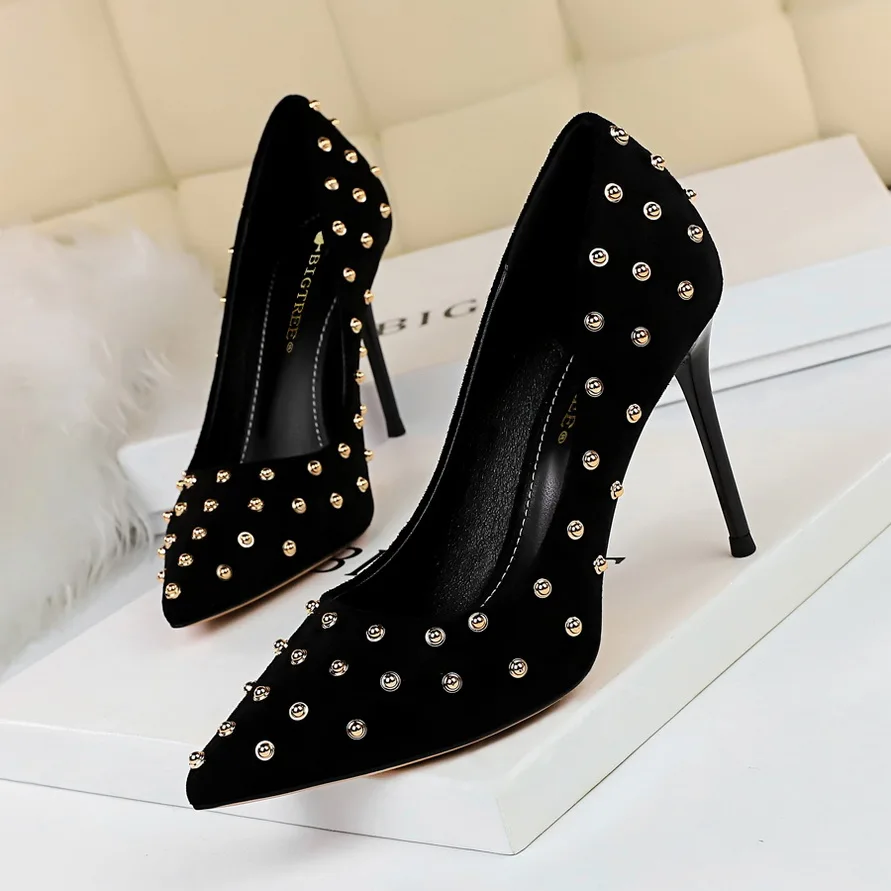 2020 Fashion Women 9cm High Heels Female Stiletto Blue Pumps Lady Elegant Luxury Green Pointy Rivets Scarpins Studded Red | Обувь