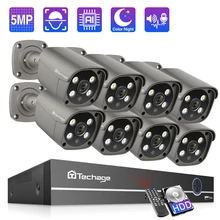 Techage-sistema de cámaras de seguridad para exteriores, Kit de videovigilancia con detección humana por Ia, Audio bidireccional, cámara IP IR CCTV, 8 canales, 5MP, NVR POE
