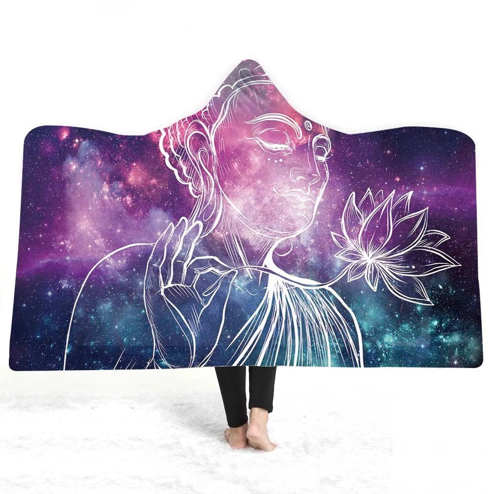 3D Будда с капюшоном одеяло Шерпа флис носимые плюшевые пледы на кровать диван