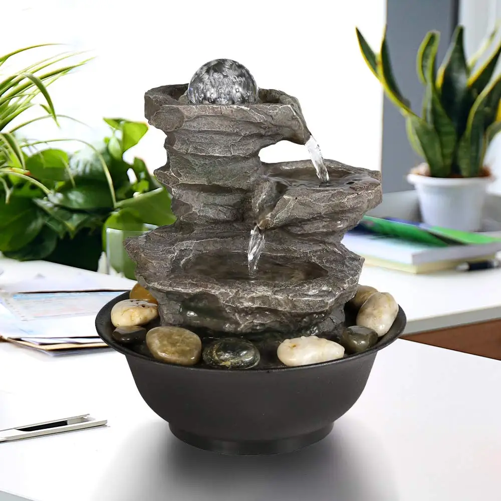 4 Tier Cascading Resin Rock Falls Tabletop Water Fountain With Led