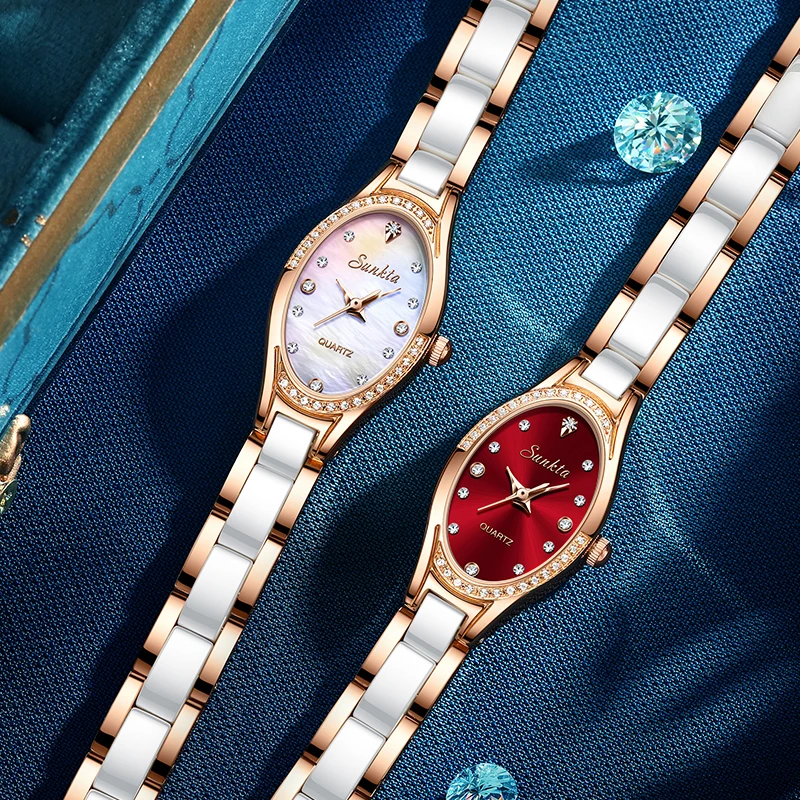 Elegant Sunkta Diamond Accent Stainless Steel Women's Luxury Watches