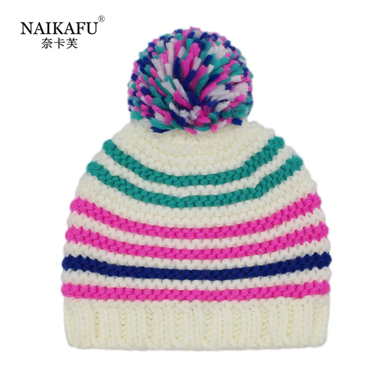 

Spring And Autumn Winter Style Color Stripes Puffy Ball bai da mao Men And Women Baby Cute Knitted Yarn Thick Warm Cute Cap