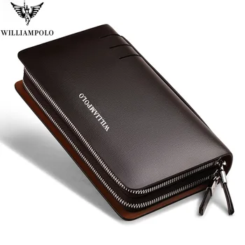 

Fashion Men Genuine Leather Clutch Wallet Williampolo Double Zipper Handy bag Phone Credit Card Holder Organizer Business Bag