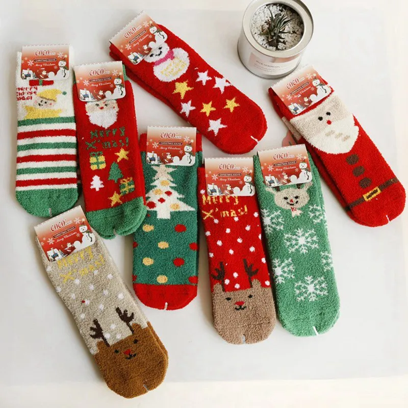 Женские рождественские носки Санты флисовая тапочка кораллового цвета теплые зимние рождественские