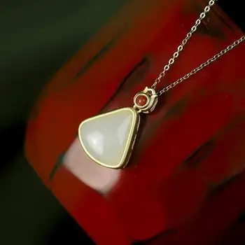 

Natural Hetian white jade geometric fan-shaped Pendant Necklace Chinese style retro unique craft elegant women's silver jewelry