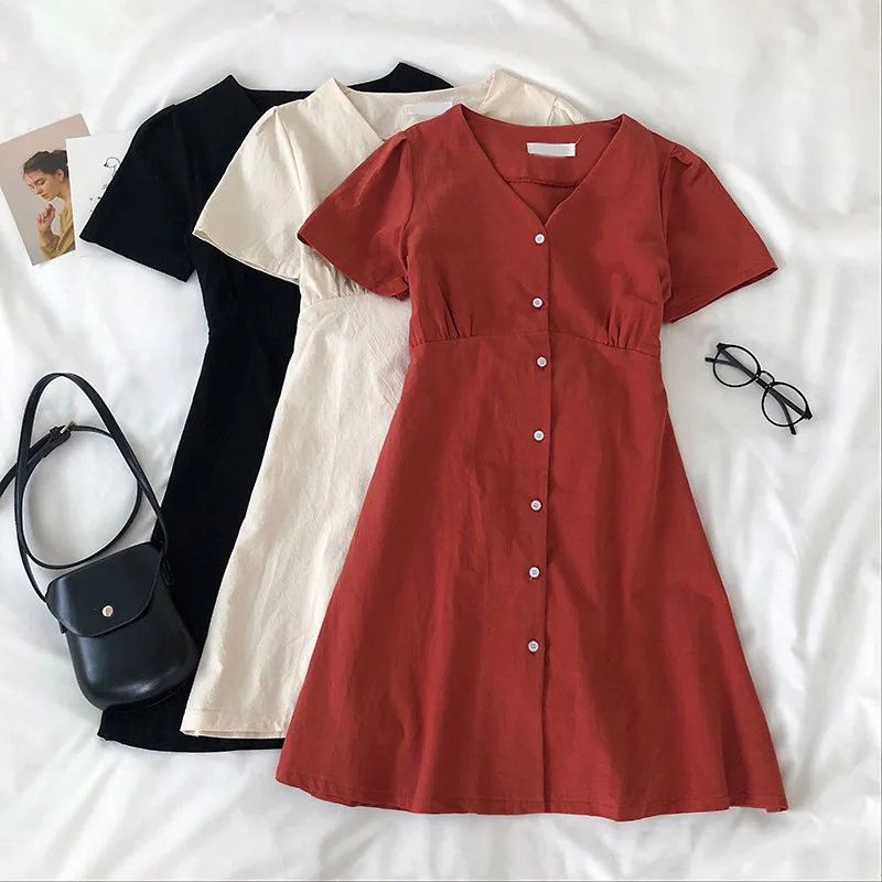 Solid 2020 Summer Dress V Neck A-line Student Sweet Vestidos Short Sleeve Bandage Bow Chic Dresses Women Retro Solid 2020 Summer Dress V Neck A-line Student Sweet Vestidos Short Sleeve Bandage Bow Chic Dresses Women Retro