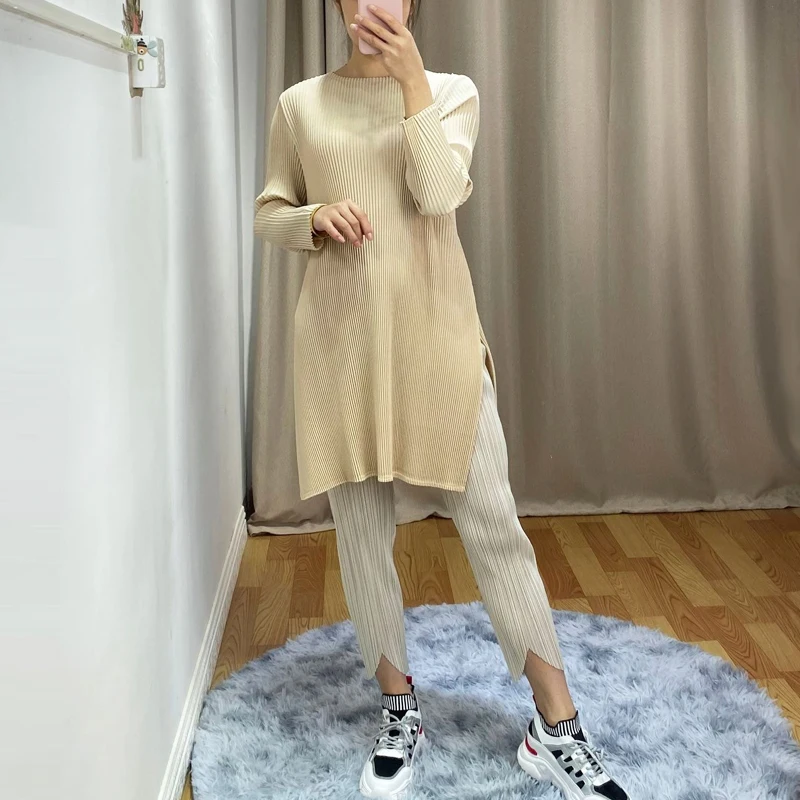 Весна Miyak Fold длинный рукав женская футболка модная большой размер свободные и тонкие плотные футболки с завязками