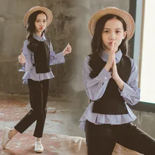 Комплекты одежды для девочек; модный костюм для девочек; Одежда для девочек-подростков; школьная детская одежда; рубашка в полоску; жилет; детская одежда; спортивный костюм